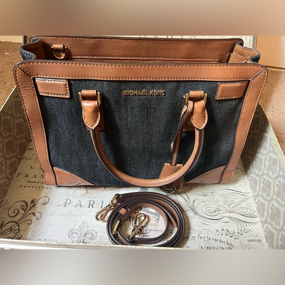 Michael Kors Dillon Dark Wash Denim and Brown Leather Crossbody w Dust Bag